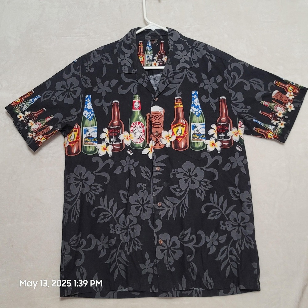 Dragonfly Shirt Mens Large Black Hawaiian Aloha Beer Bottle Print Short Sleeve